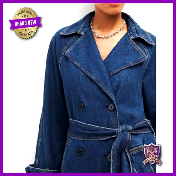 Denim Trench Coat Double Breasted Midi Overcoat Classic Lapel Long Jacket With - Picture 3 of 7
